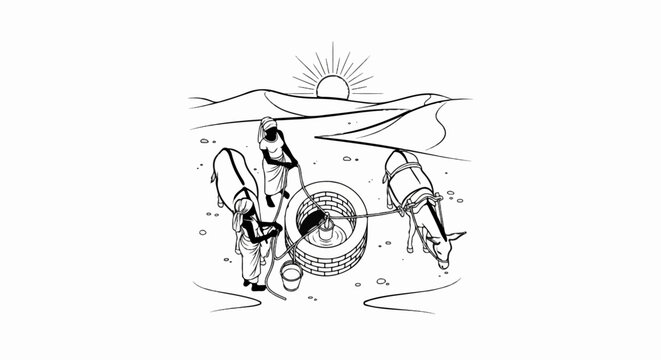 Desert scene People and animals at a well under the sun