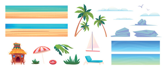 Obraz premium Beach landscape constructor. Island sea sand coast ocean palm tree rock plant hut ship lounger cloud sky resort view tropical nature travel design set isolated vector illustration