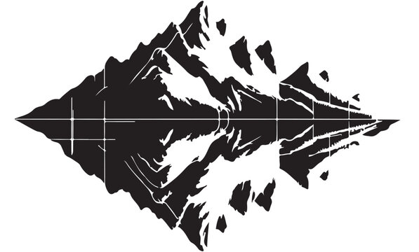 Black and white mountain range reflection on white background