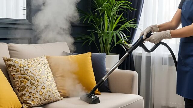Cleaning service worker steam cleaning upholstered sofa with handheld cleaner in modern living room