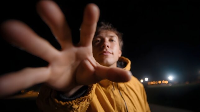 A young person wearing a yellow jacket extends their hand forward in a dynamic gesture against a dark night background