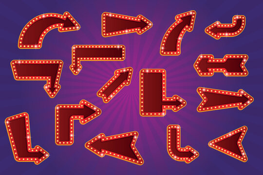 Lightbox arrows. Marquee signage pointers frame, retro signboard with bulb light lamp signs vintage neon billboards direction pointer arrow banner cartoon kicky vector illustration