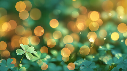 Green Clover Leaves with Golden Bokeh Lights Background