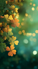 Vertical Clover Bokeh Background with Large Copy Space in Green Gold