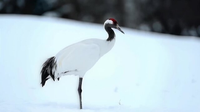 Wildlife scene capturing a majestic crane standing alone in a serene winter landscape, video footage from a distance.