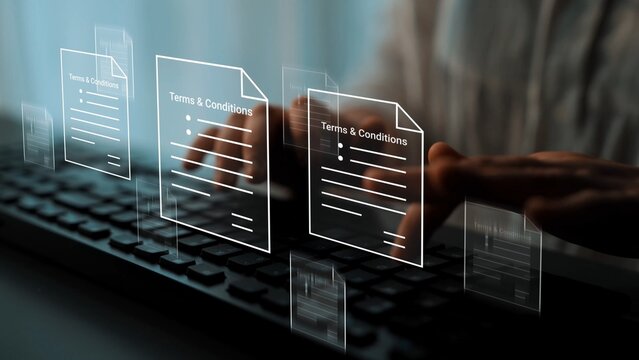 Abstract concept of digital legal agreement with terms and conditions documents floating above keyboard representing online contracts and compliance in modern business Gluon.