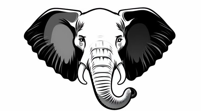 Black and white elephant head, elephant illustration, monochrome animal portrait, grey elephant face