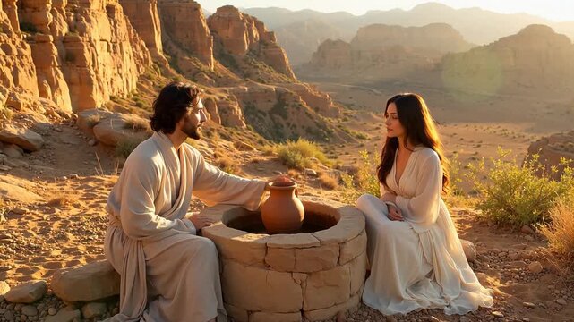 Man and woman by well in desert
