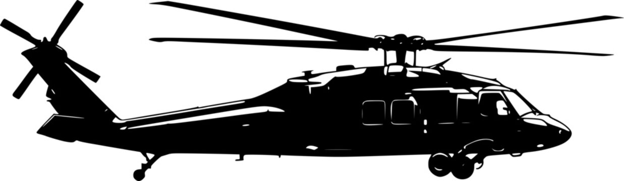 Military helicopter silhouette vector illustration, army aircraft design, aviation transport symbol, black hawk helicopter graphic, war aviation element, combat aircraft icon isolated design