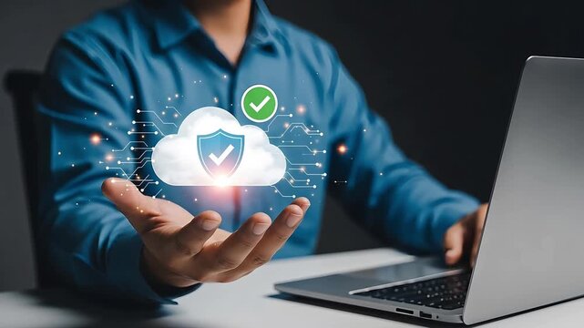 Cloud Security Concept with Hand Holding Cloud and Laptop in Background