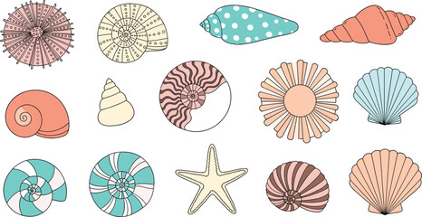 Decorative hand drawn seashell and starfish vector set featuring various ocean shells with artistic patterns and textures for summer beach nautical design projects.