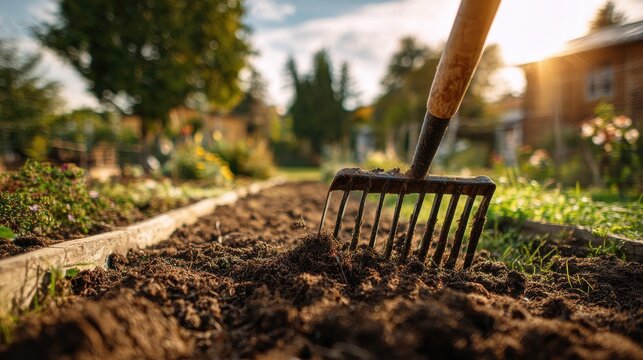 Close-up of a garden rake tilling rich dark soil in a vegetable garden bed during golden hour sunset