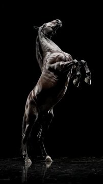Majestic Black Horse Rearing Up in Dramatic Studio Lighting.