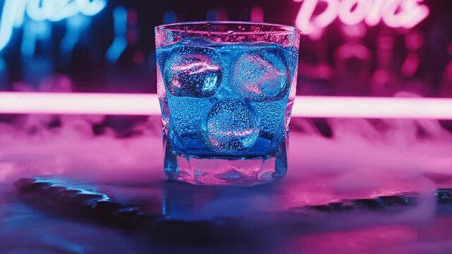 Blue Cocktail with Ice in Glass.