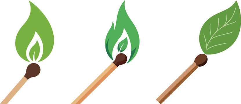 Green leaf flame on matchstick and leaf on matchstick