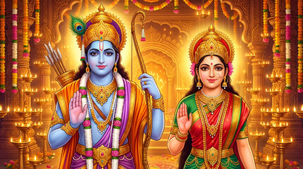 Obraz premium Lord rama and sita image hd wallpaper for ram navami festival hindu god and goddess pictures. 