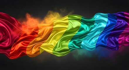 Fototapeta premium Satin rainbow flag close up flowing horizontally with silk texture vibrant colors backlit smoke effect low angle dynamic movement high resolution glossy folds wind motion studio