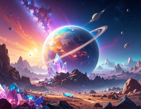 Crystal Ring Planet with Asteroids