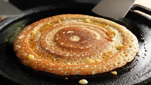 Chef spreading dosa batter on a hot tava griddle 4K Video
