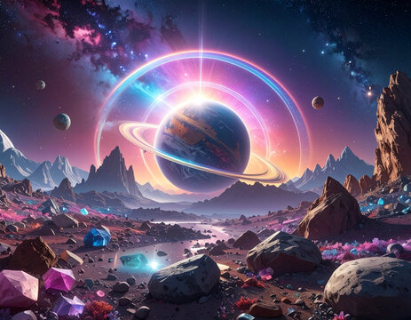 Crystal Ring Planet with Asteroids