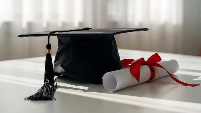 Graduation cap and diploma on white table education achievement
