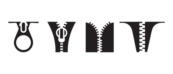 Zipper Icons Set. Closed Slider, Open Slider, Separated Teeth, and Wide Open Zipper Collection.