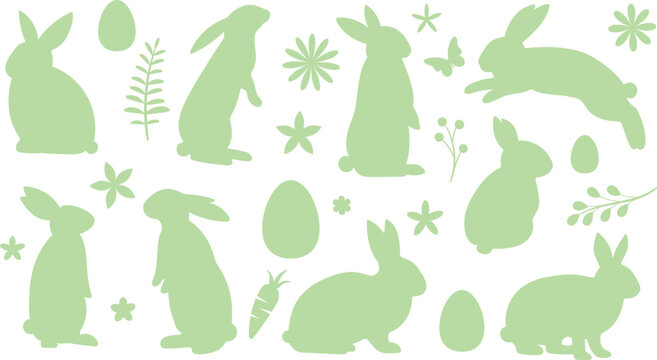 Cute Easter clip art set, vector bunny rabbit eggs and flowers vector silhouette shapes