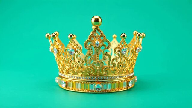 Golden crown with jewels on green background