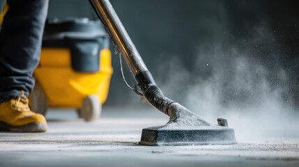 Fototapeta premium Close-up of an industrial vacuum cleaner sucking up thick dust on a concrete floor at a construction site