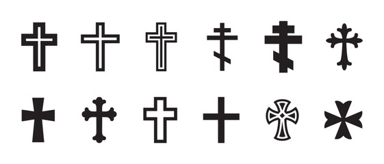 Collection of Various Christian Cross Symbols Icons, Religious Symbols, Faith and Spirituality Vector Illustrations.