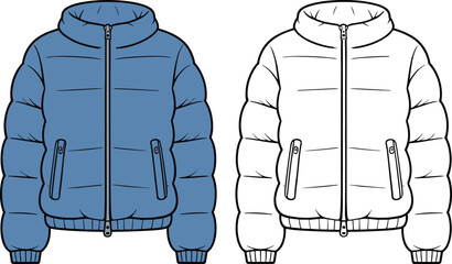 Winter puffer jacket technical fashion illustration front view flat drawing showing quilted insulated outerwear with zipper pockets ribbed cuffs modern cold weather apparel design © MdZahedul