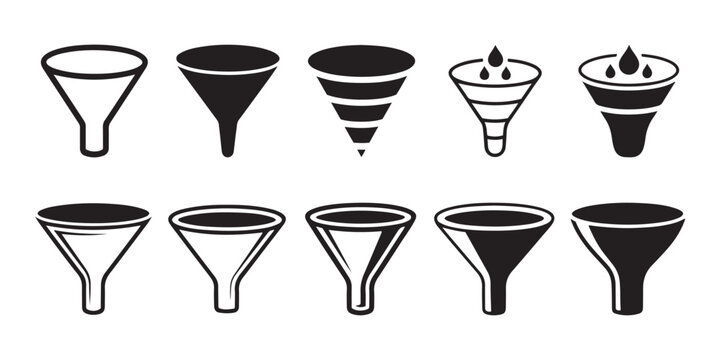 Set of Funnel Icons, Filter Symbols, Data Processing, Scientific Equipment, Black and White Vector Graphics for Information Flow Concepts.