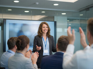 Fototapeta premium Confident Businesswoman Receiving Applause After Successful Presentation in Conference Room