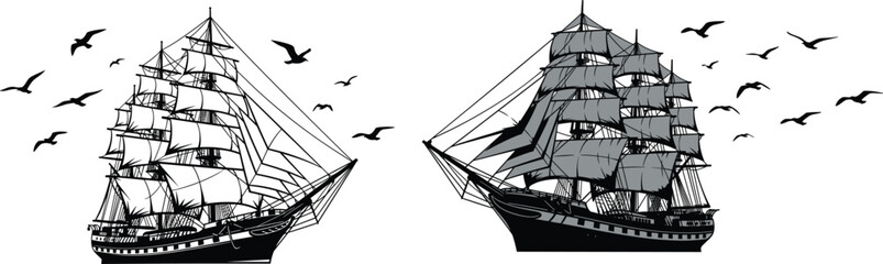 Sailing Ship Vector Illustration with Tall Galleon Boat and Flying Seagulls Silhouette Maritime Nautical Ocean Adventure Design Isolated on White Background. © Tanzila