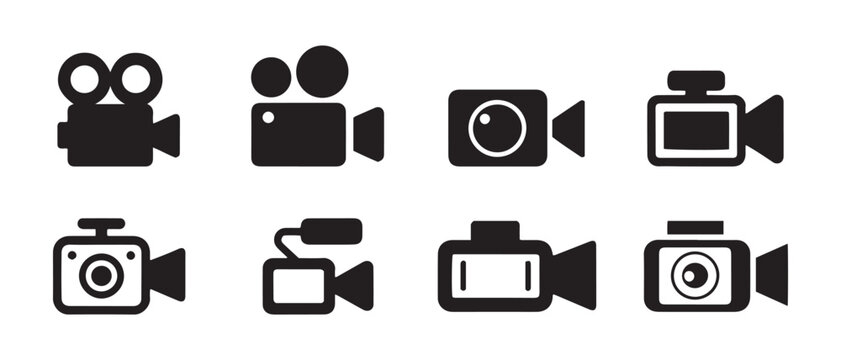 Collection of Black Camera Icons. Vintage, Modern, Action Cam & Camcorder Symbols.