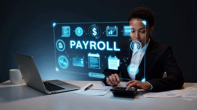 Businesswoman working on payroll with hologram