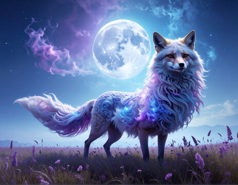 Nebula Foxes in Moonlit Meadow