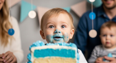 Fototapeta premium Adorable baby with blue frosting on face celebrating first birthday with cake smash