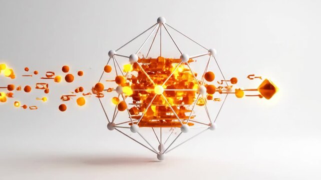 Abstract data processing visualization: Glowing orange particles enter a geometric structure and synthesize into a brilliant diamond shape.