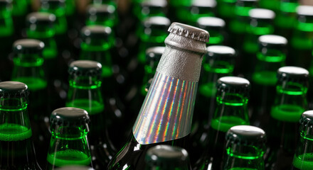 Unique silver capped bottle standing out among green bottles