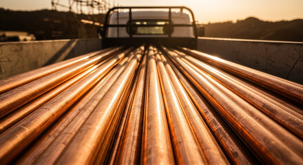 Obraz premium Stack of shiny copper pipes in truck bed at sunset
