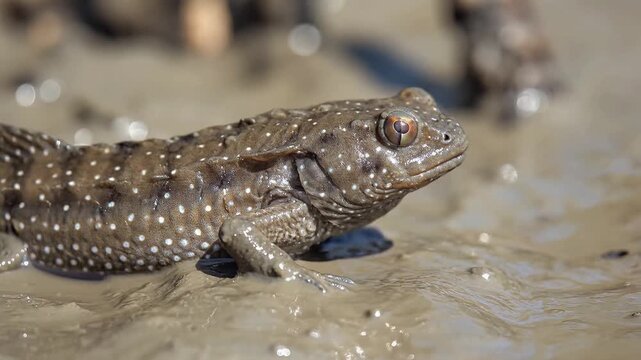 Wildlife scene of a mudskipper on a muddy beach with a close-up viewpoint