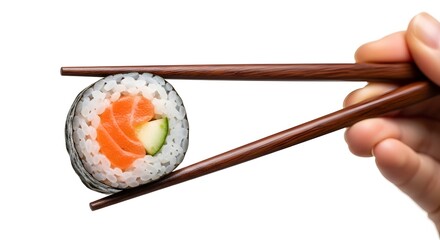 Closeup wooden chopsticks holding single salmon and avocado sushi roll with visible hand low angle studio lighting white background minimal appetizing composition tight crop high resolution