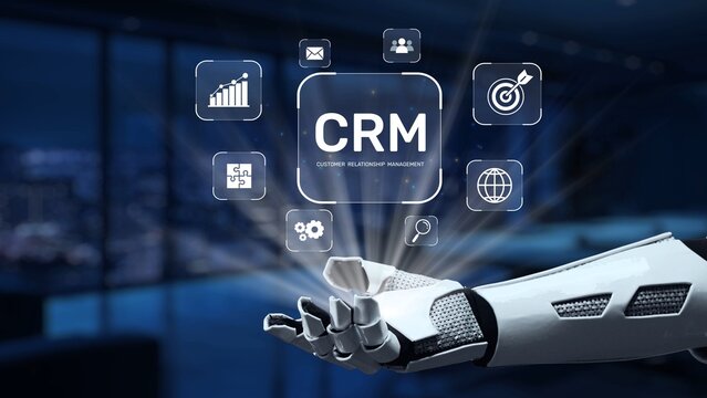 A futuristic robotic hand showcases various CRM icons in a modern office setting. This image symbolizes innovation and technology in customer relationship management. Synapse