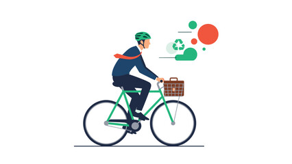 Obraz premium Environmentally conscious businessman cycling actively to work, wearing a helmet and carrying a briefcase, with recycling icons in the background, promoting green commute.