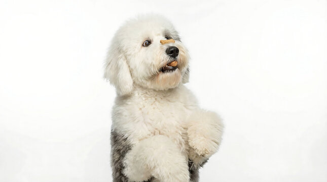 Adorable Sheepadoodle puppy balances a treat on its nose while standing on hind legs in a studio setting
