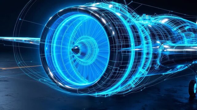 Jet engine with glowing blue lines