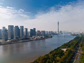 Obraz premium Aerial view of Guangzhou skyline featuring canton tower and pearl river China