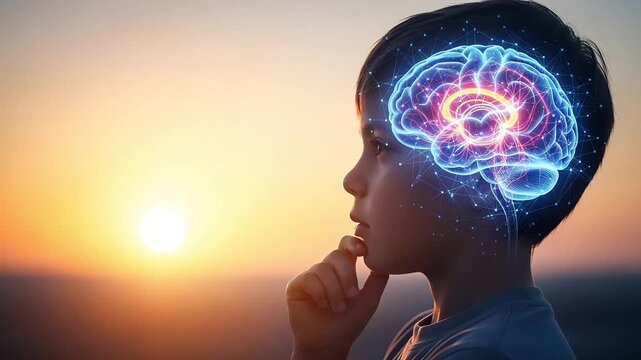 Thinking child with glowing brain against sunset background creativity inspiration imagination concept