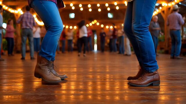 Two people dancing in a barn